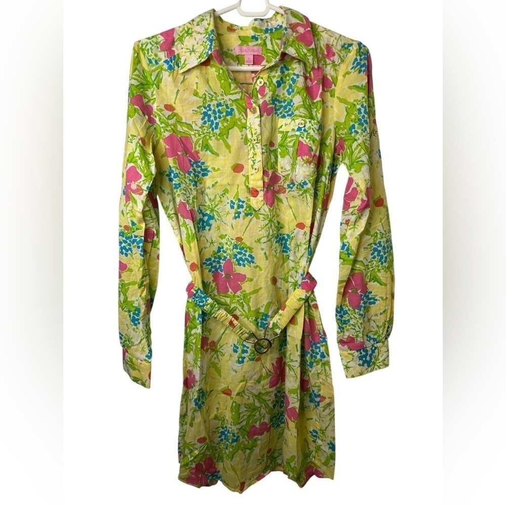 Lilly Pulitzer MD Blue Eyed Girl Print Roll Tab Shirt Shirt Dress Tropical Beach